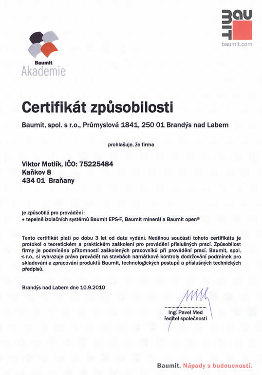 Certifikát způsobilosti - BAUMIT